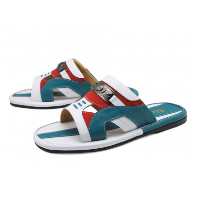 Men Sandals SKF-21 White-Blue Nappa-Orange Suede